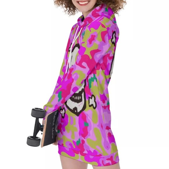 Pink Camouflage Skull Hoodie Long Mini Dress Size Extra Large Sweatshirt Skate - Picture 3 of 13